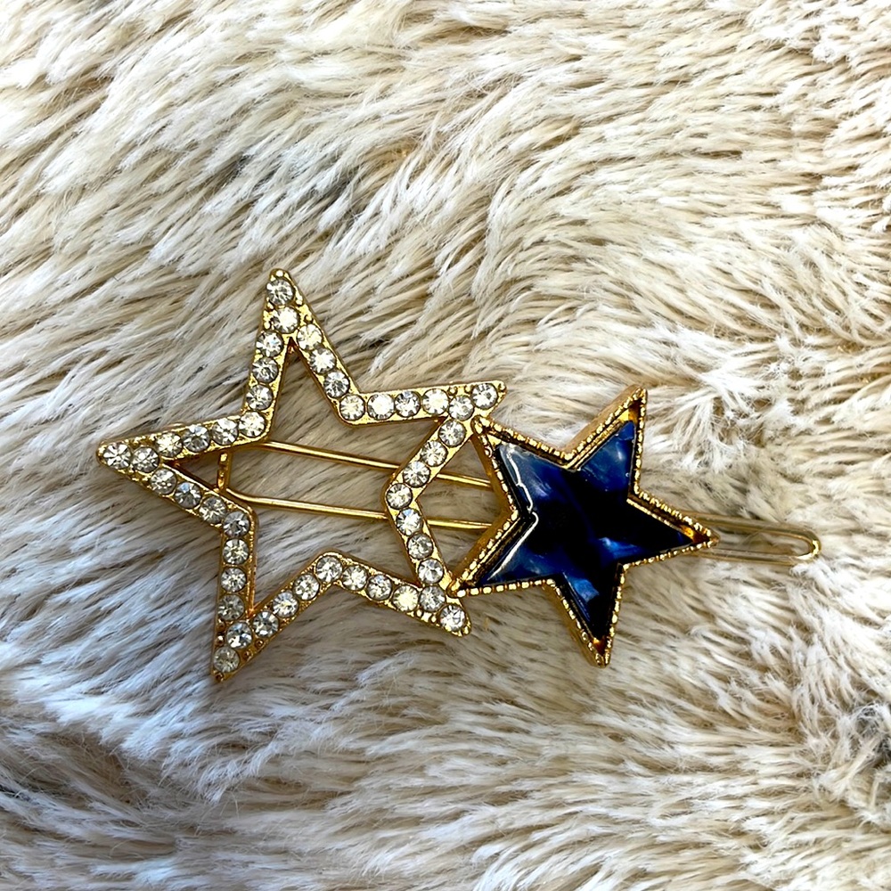 Crystal diamond Golden stars with blue pearl mother hair pin  elegant